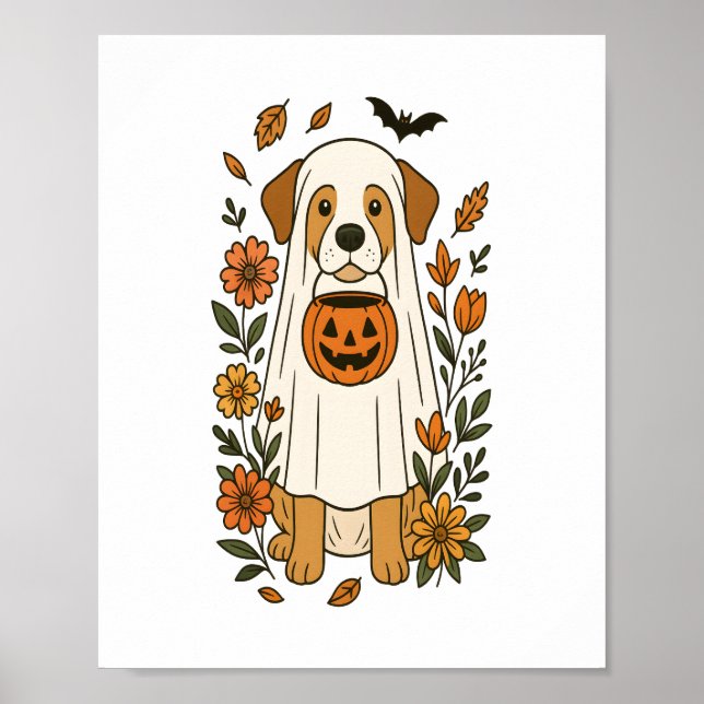 Poster Poodle Halloween com Flores de Queda (Frente)