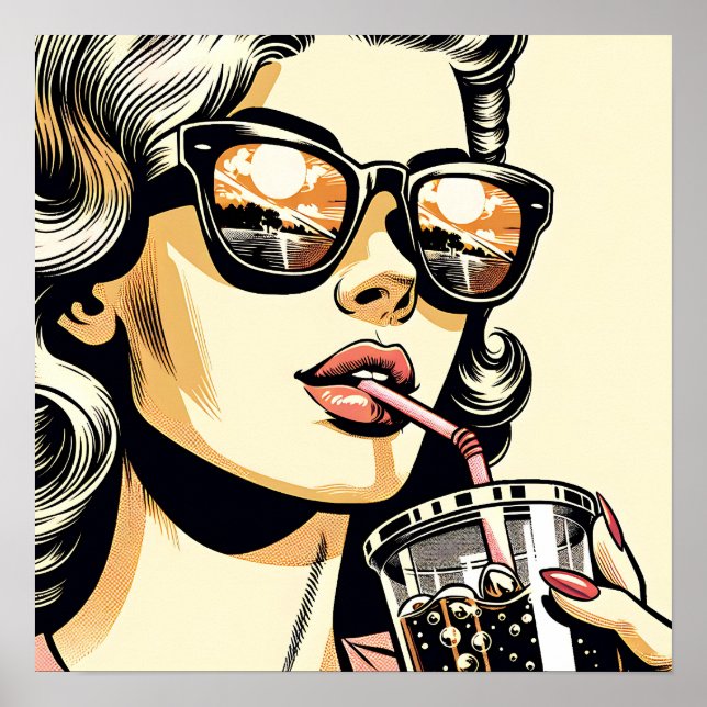 Poster Pop Art Comic Book Bonito Mulher Bebendo Soda (Frente)