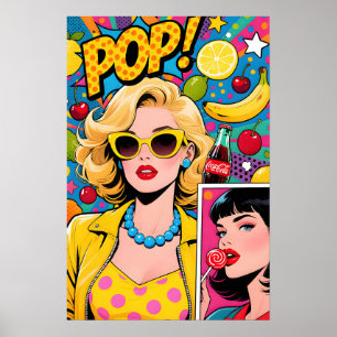 Poster Pop Art de Garota com Óculos Amarelos