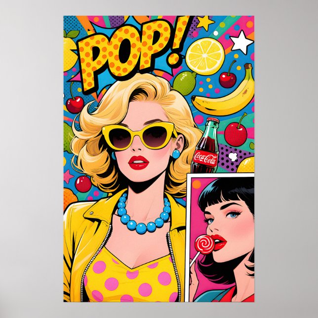 Poster Pop Art de Garota com Óculos Amarelos (Frente)