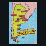 Pôster Pop Art Ilustrado Argentina<br><div class="desc">Este mapa ilustrado da Argentina é renderizado em um estilo vibrante de pop. O mapa é esboçado em preto e preenchido com uma cor amarela clara,  colocada sobre um fundo azul com um padrão pontilhado. As grandes cidades da Argentina são rotuladas em caixas azuis.</div>
