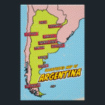 Pôster Pop Art Ilustrado Argentina<br><div class="desc">Este mapa ilustrado da Argentina é renderizado em um estilo vibrante de pop. O mapa é esboçado em preto e preenchido com uma cor amarela clara,  colocada sobre um fundo azul com um padrão pontilhado. As grandes cidades da Argentina são rotuladas em caixas azuis.</div>