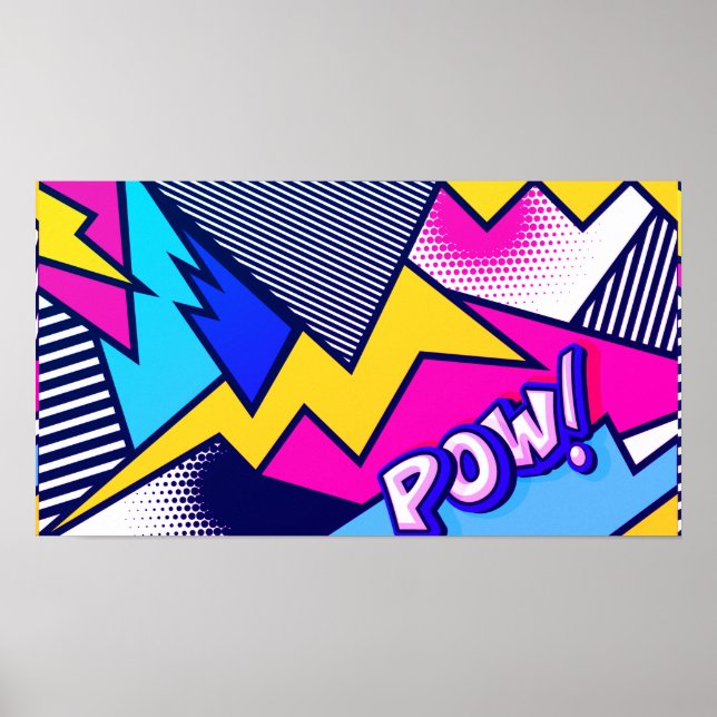 Poster Pop Art Pow! Padrão em magenta, azul e preto (Frente)