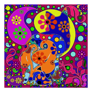 Pôster Pop art retro do gato de flower power Paisley do