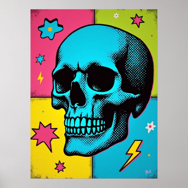 Poster Pop Art Skull com pontos médios neon (Frente)