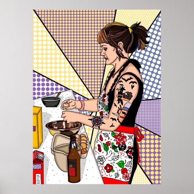 Poster Pop-Arte Retro Tatuada Lady Baking (Frente)