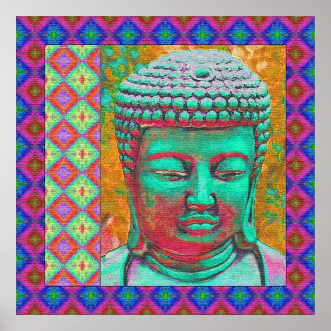 Pôster Pop Buda com bordas de retalhos em azul e rosa (Frente)