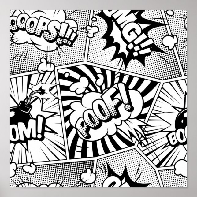 Poster Pop de arte em quadrinhos preto e branco (Frente)