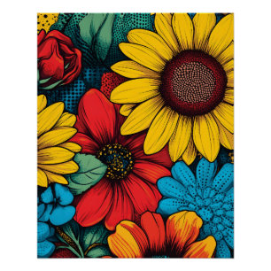 Pôster Pop de-arte vibrante Design Floral com girassóis