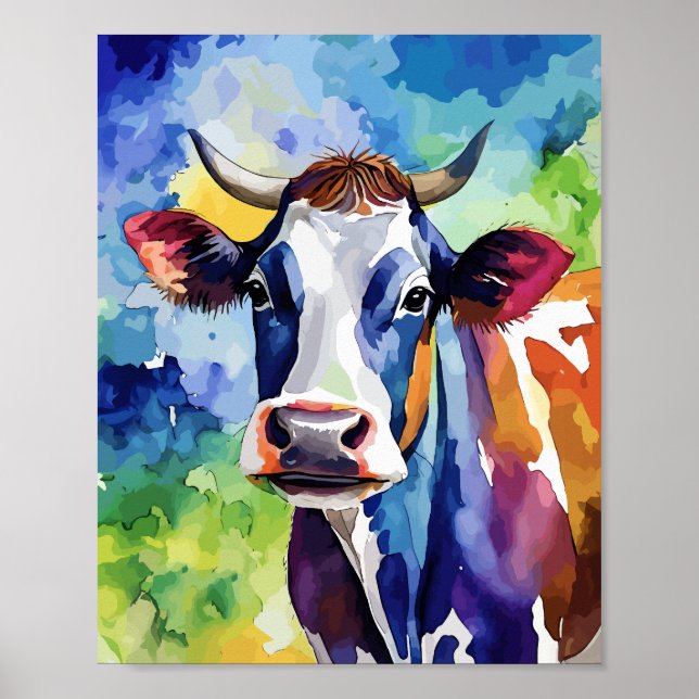 Poster Popart Aquarela Vaca Colorida (Frente)