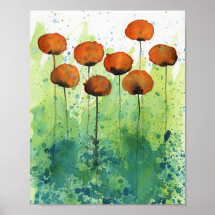 Poster Pópias laranja e verde, Muro de Flores de Aquarela