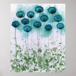 Poster Pópias Teais e Verdes, Muro de Flores de Aquarela