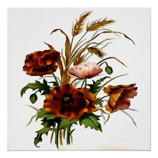 Pôster Poppies And Wheat Botanical Art (Frente)