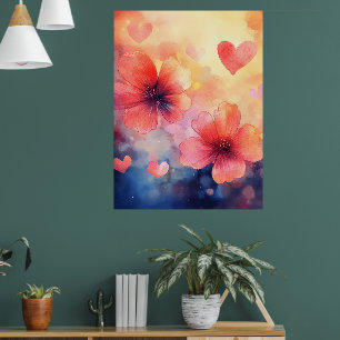 Poster Poppies & Hearts – Cartaz de Arte em Aquarela Româ