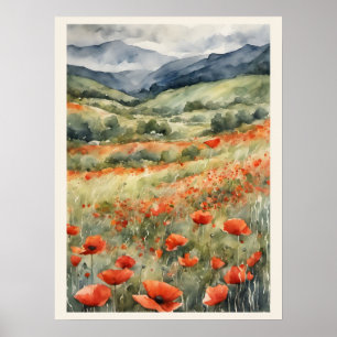 Poster Poppies No Campo Natural Scene Watercolor