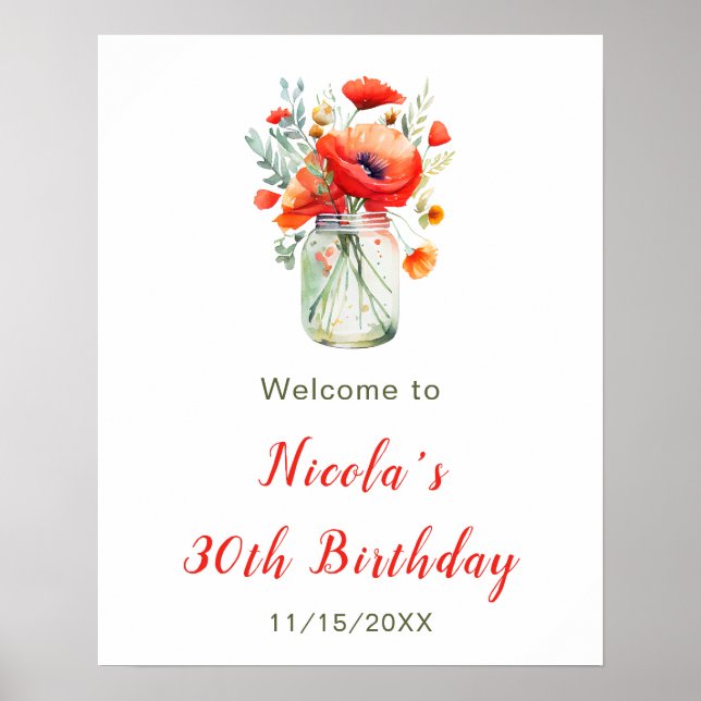Poster Poppies Vermelhos Mason Jar Birthday Bem-vindo (Frente)