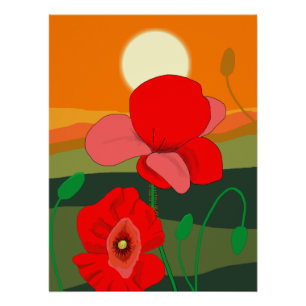 Pôster Popy Meadow na poster do pôr do sol