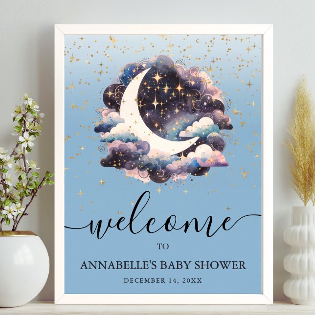 Poster Por cima do sinal de boas-vindas do Chá de fraldas (Over The Moon Baby Shower Welcome Sign)