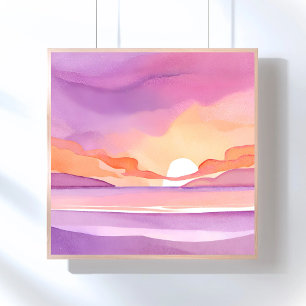 Poster Pôr do Sol Aquarela Rosa Belo Céu do Oceano