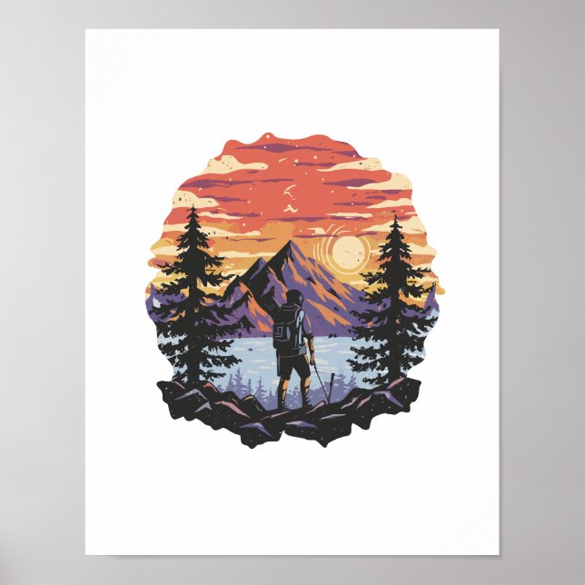 Poster Pôr do sol atrás das árvores e montanhas (Frente)