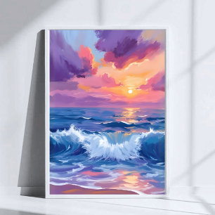 Poster Pôr do Sol Bege Roxo   Aquarela Água Brilho Oceano