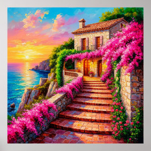 Poster Pôr do sol cênico sobre vila costeira