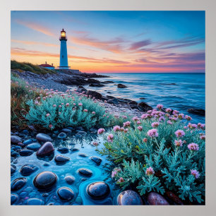 Poster Pôr do sol com flores vibrantes e pedras lisas