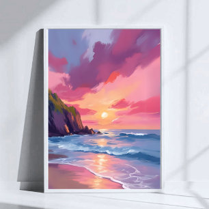 Poster Pôr do sol cor-de-rosa ondas da praia do oceano Aq