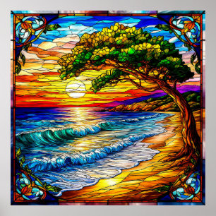 Poster Pôr do Sol Costeiro com Ondas e uma Árvore