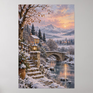 Poster Pôr do sol da ponte de pedra nevada e da cabana da