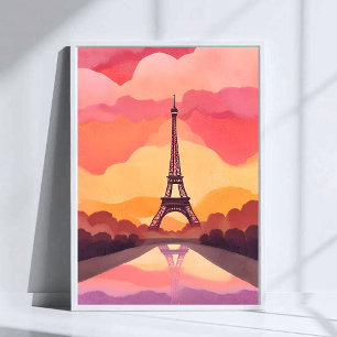 Poster Pôr do Sol em Paris Torre Eiffel França Aquarela