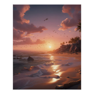 Pôster pôr do sol em uma praia tropical