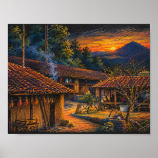 Poster Pôr do Sol em Vila de Montanha Rústica em Lápis de