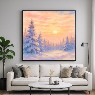 Poster Pôr do Sol Floresta Nevada - Estilo de Aquarela