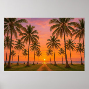 Poster Pôr do sol laranja dourado na praia tropical