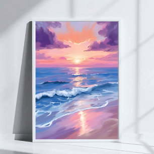 Poster Pôr do Sol Lavanda Roxo Praia Oceano Aquarela