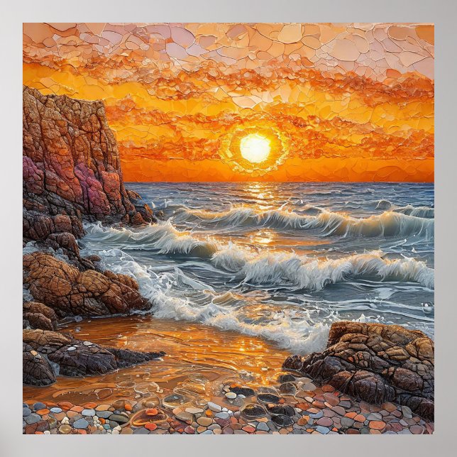 Poster Pôr do sol lindo sobre o oceano com ondas (Frente)