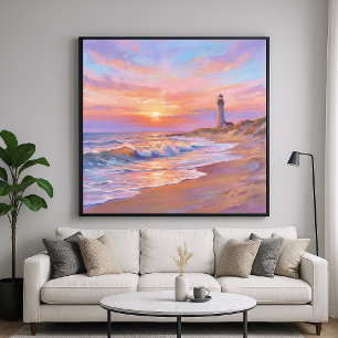 Poster Pôr do Sol na Costa com Farol - Estilo de Pintura