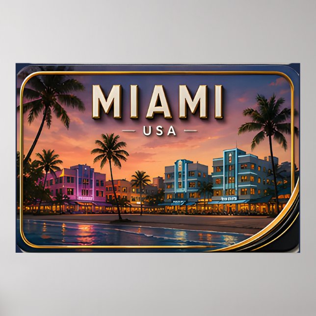 Poster Pôr do sol na Miami Beach e Ocean Drive (Frente)
