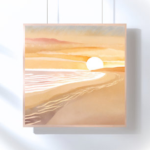 Poster Pôr do Sol na Praia Aquarela Amarelo Bonito