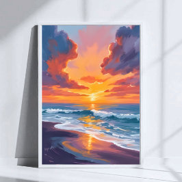 Poster Pôr do Sol na Praia Aquarela Pintura do Oceano Art