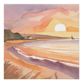 Pôster Pôr do Sol na Praia | Bela Pintura em Aquarela