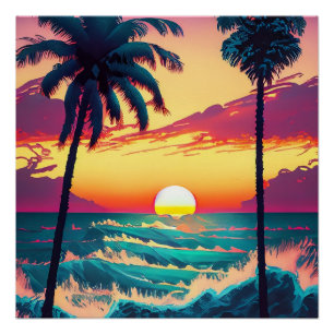 Pôster Pôr do sol na praia com palmeiras pintando