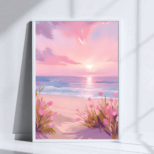 Poster Pôr do sol na praia com rubor rosa em aquarela pas