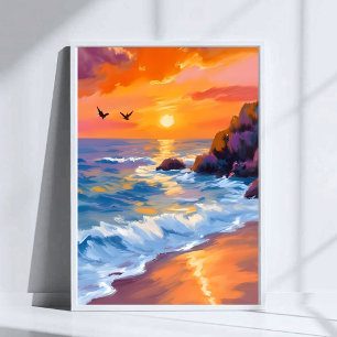 Poster Pôr do Sol na Praia Laranja Pintura Costeira