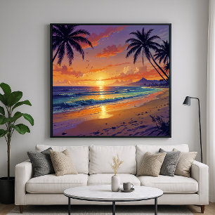 Poster Pôr do Sol na Praia Tropical - Arte em Estilo Ilus