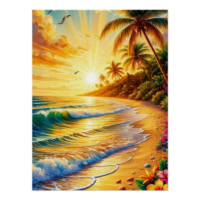 Pôster Pôr do sol na praia tropical com palmeiras (Frente)