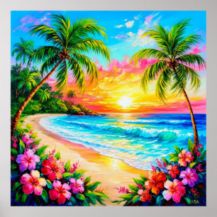 Poster Pôr do Sol na Praia Tropical Exótica Costeira