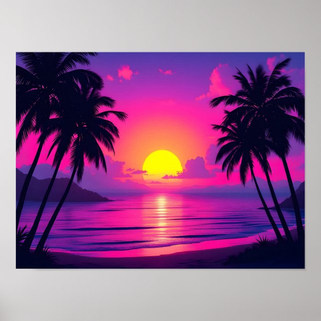 Poster Pôr do Sol Neon na Palma – Estética Tropical Vapor (Frente)
