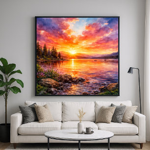 Poster Pôr do Sol no Lago - Estilo de Pintura aquarela